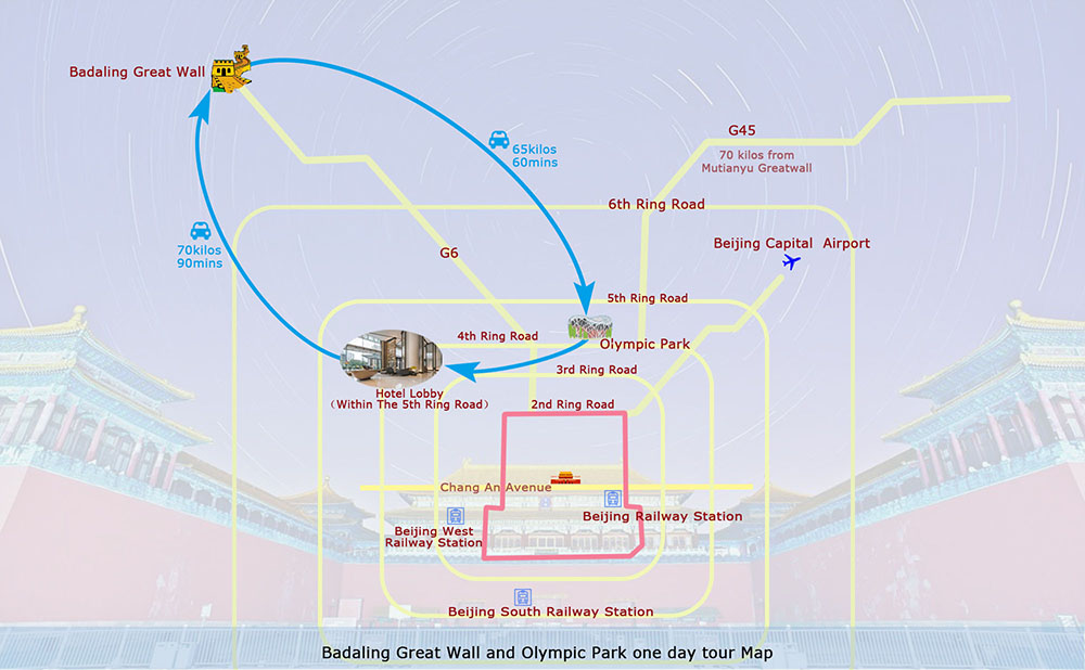 Map of Beijing Private 1 day Tour of Badaling Great Wall, Bird Nest and Water Cube