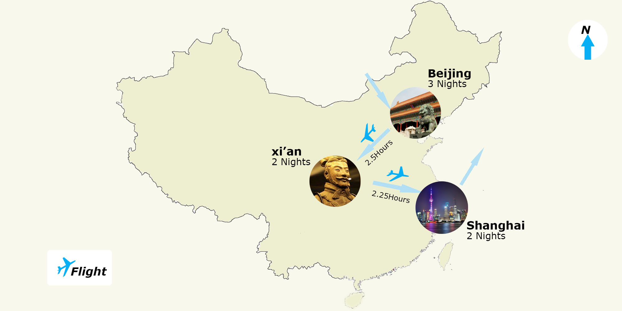 Map of Beijing Xian Shanghai 8 Days Private Tour