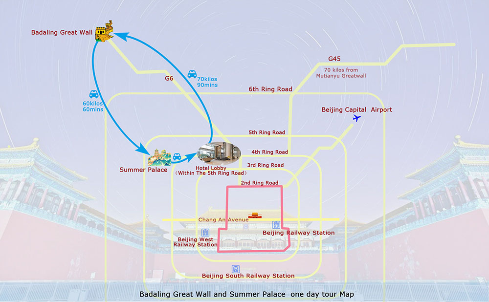 Map of Beijing 1 Day Private Tour to Badaling Great Wall and Summer Palace